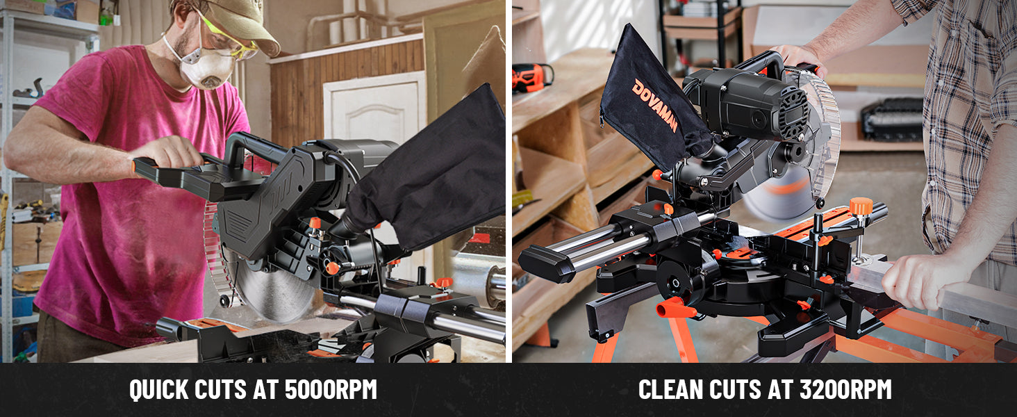 Two images showing a person using a miter saw with text indicating different cutting speeds.