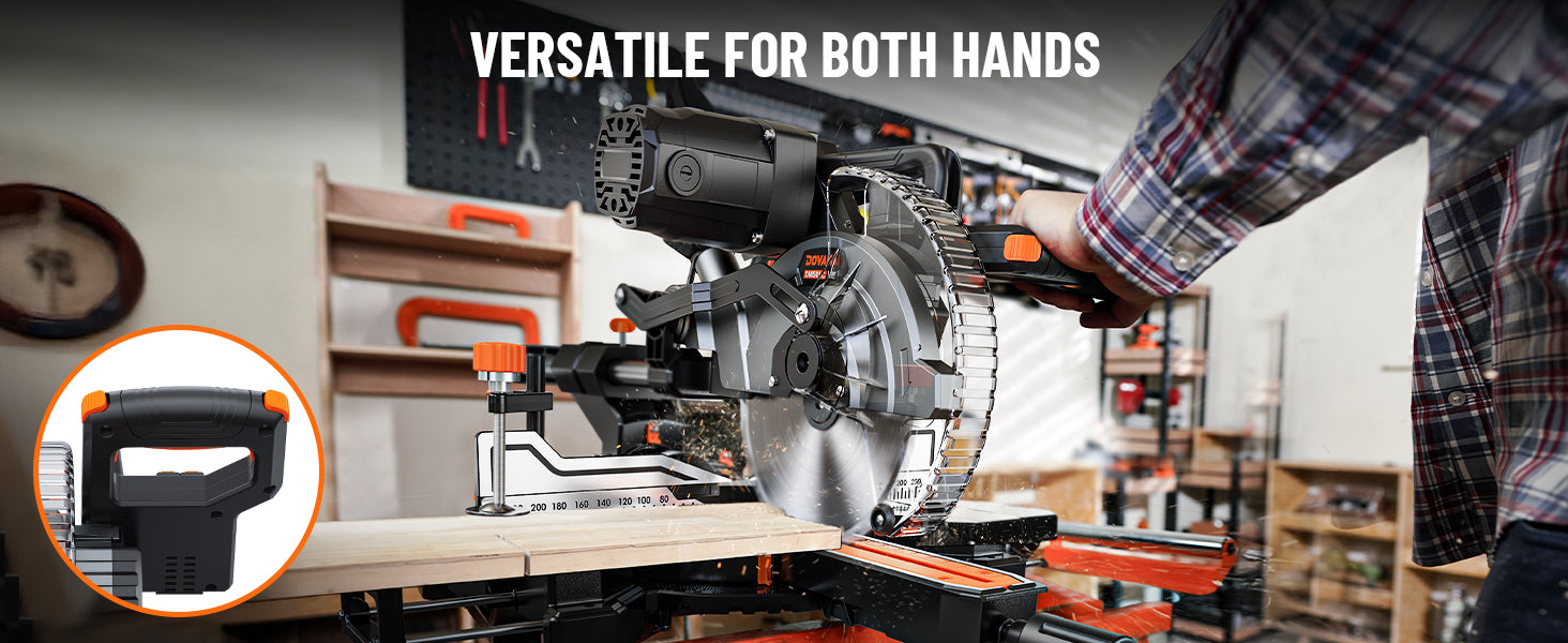 Sliding miter saw on a workbench with a person's hand, surrounded by workshop tools and equipment.