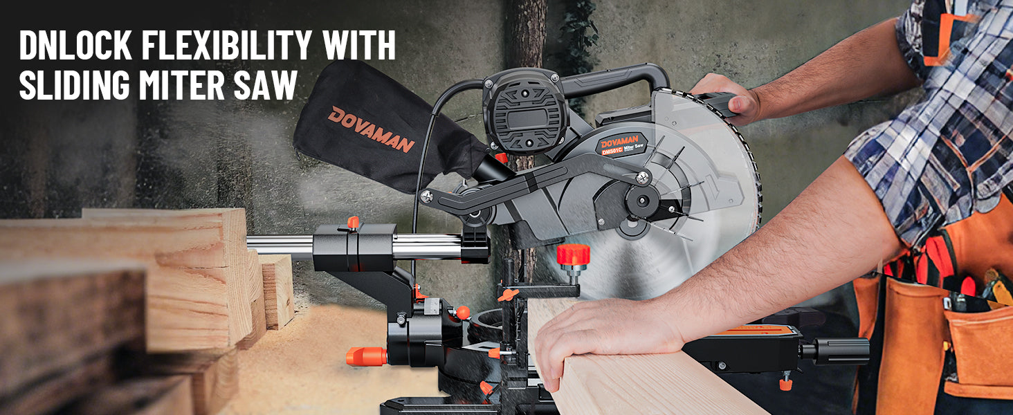 Person using a Dovaman sliding miter saw with wood pieces on a workbench.