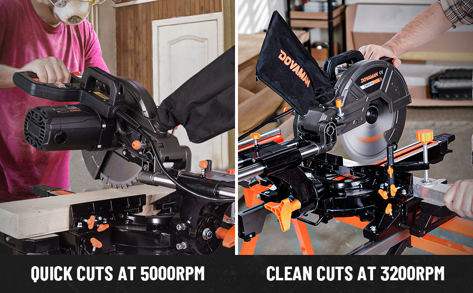 Two images of a DOVAMAN sliding compound miter saw with text highlighting cutting speeds.