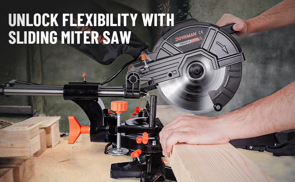 Dovaman sliding miter saw being used on a wooden workbench with text overlay.