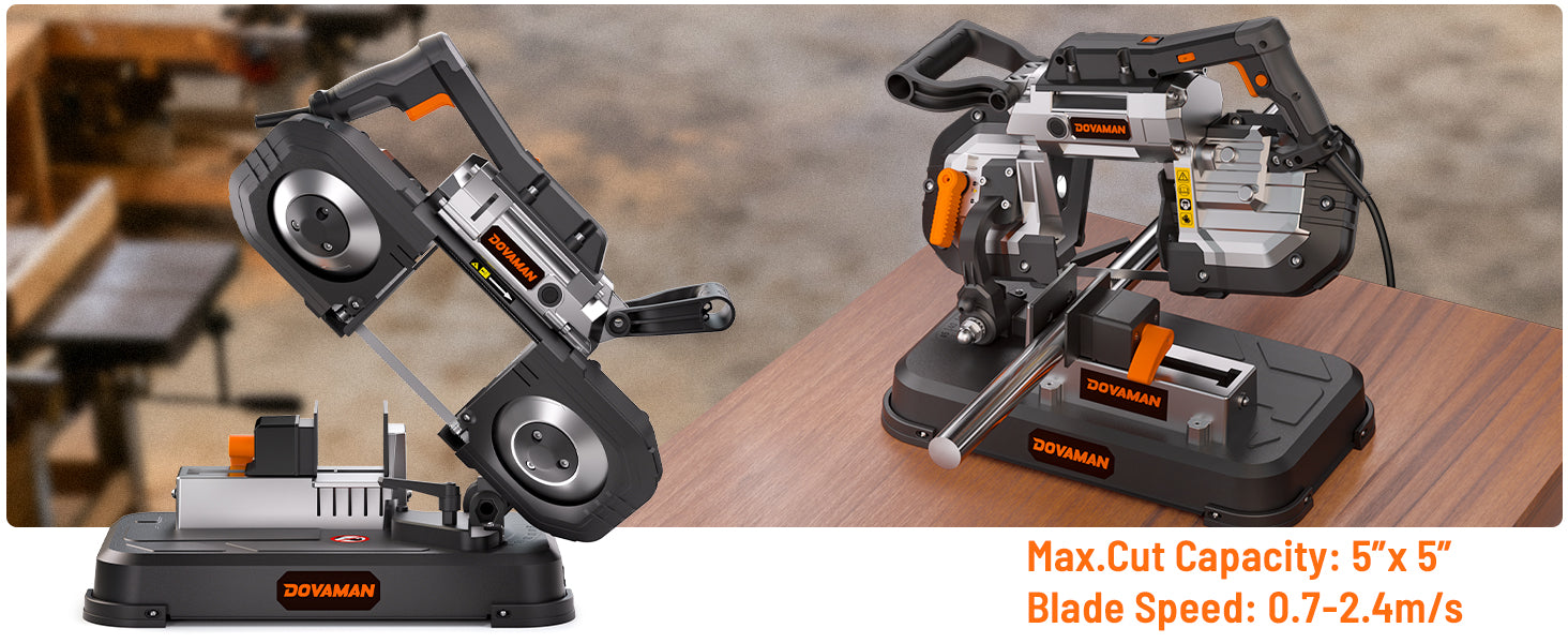 Two band saws on a wooden surface with a blurred workshop background.