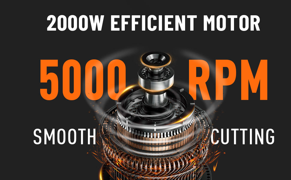 Motor with text highlighting 2000W efficiency, 5000 RPM, and smooth cutting on a black background