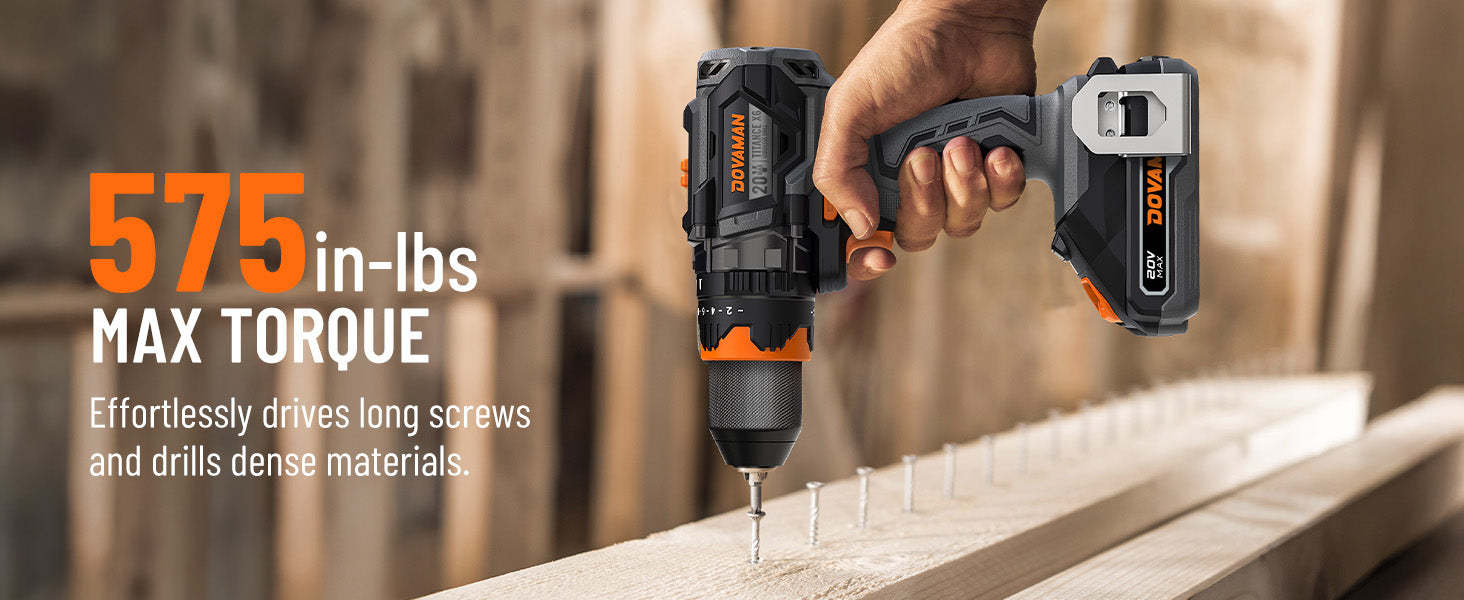 Cordless drill with 575 in-lbs max torque being used on a wooden surface.