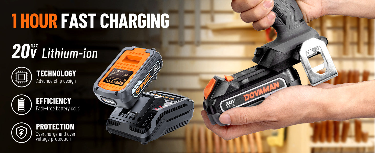Dovaman power tool with fast charging technology and battery pack on a blurred workshop background