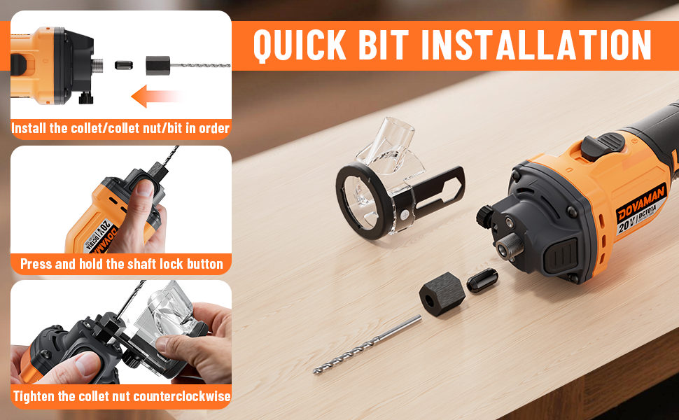 Demonstration of quick bit installation on a drill with text instructions.