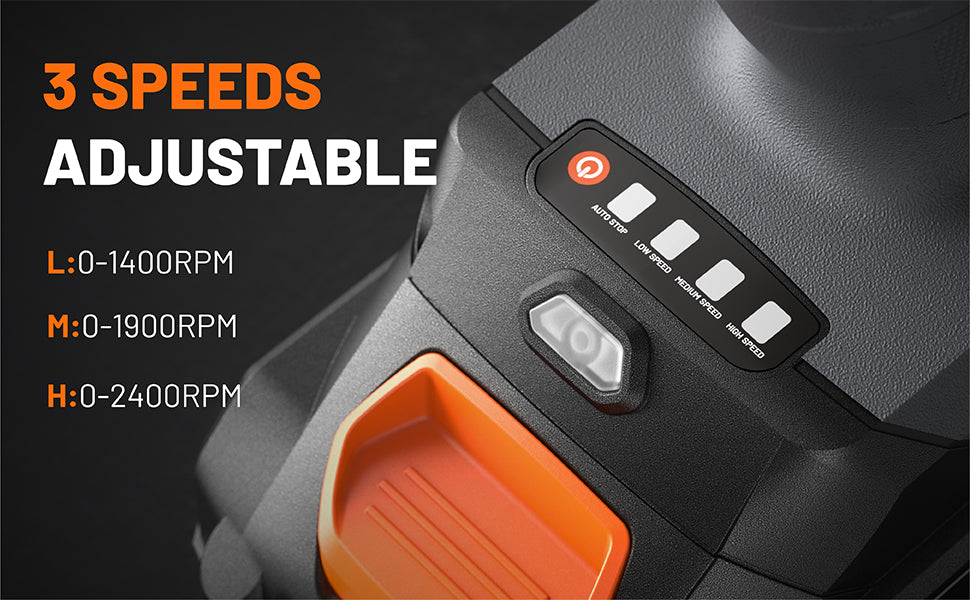 Close-up of a power tool with speed adjustment controls on a dark background