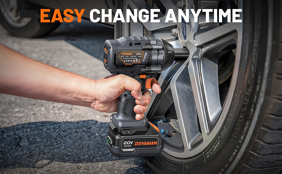 Person using a DOVAMAN impact wrench to change a tire with text 'EASY CHANGE ANYTIME'.