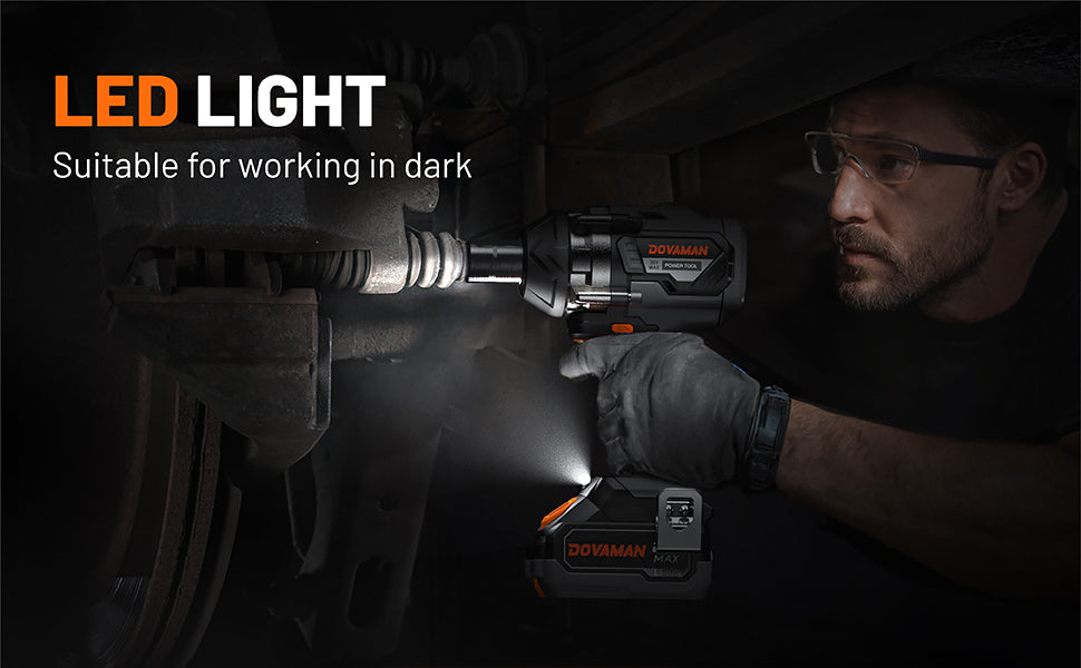 Person using a cordless drill with an LED light attachment in a dark setting