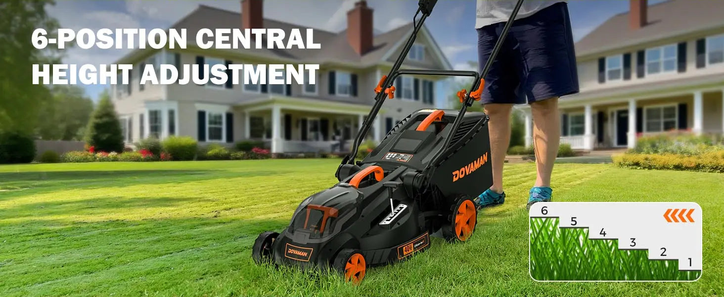 Mower with 6-position central height adjustment feature on a grassy lawn.