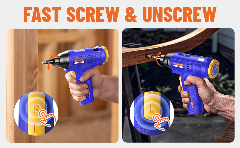 Blue screwdriver gun being used to fasten and unscrew a wooden chair.