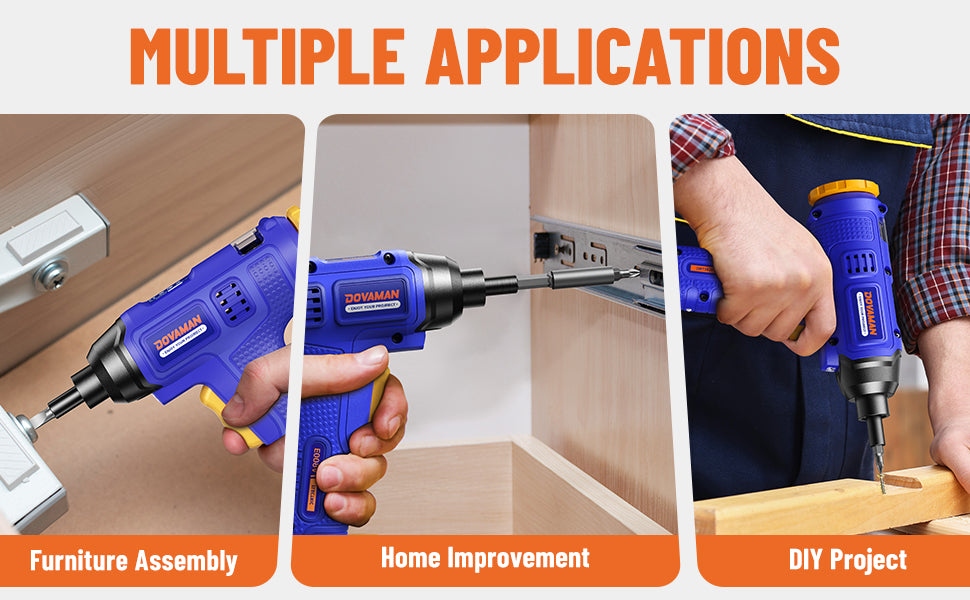 Blue power drill being used for furniture assembly, home improvement, and DIY project with text 'Multiple Applications'.
