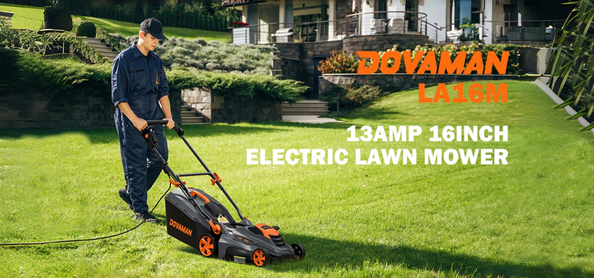 Person using a DOVAMAN LA16M electric lawn mower on a grassy area with a house in the background.