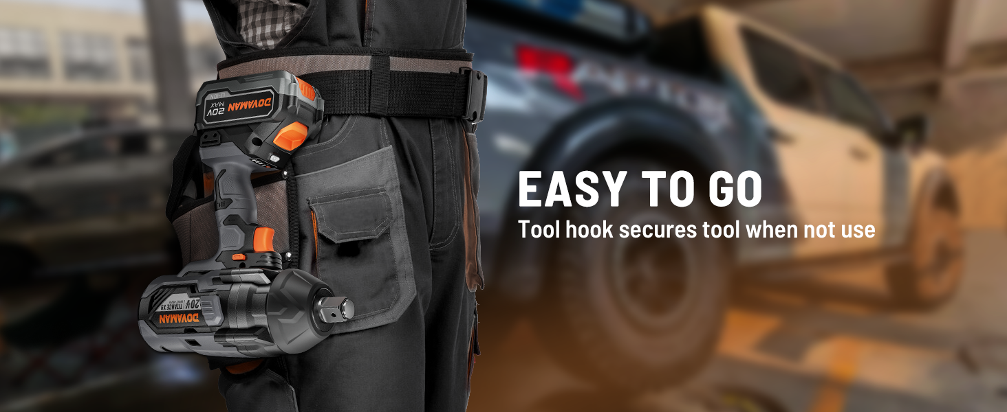 Tool belt with tool hook and 'Easy to Go' text, blurred background of a vehicle.