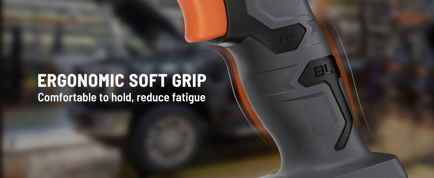 Ergonomic soft grip handle with text on a blurred background
