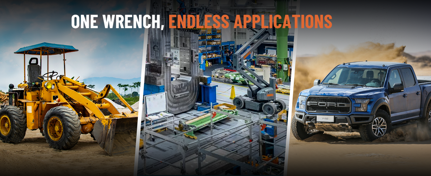 Three images showing a yellow bulldozer, a blue truck, and a construction site with text 'One Wrench, Endless Applications'.