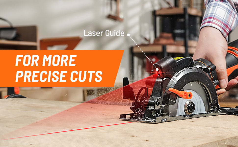 Circular saw with laser guide on a wooden surface, highlighting precision cutting feature.