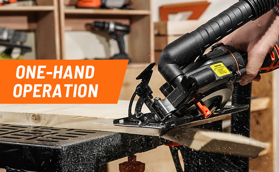 Circular saw in use with 'One-Hand Operation' text overlay