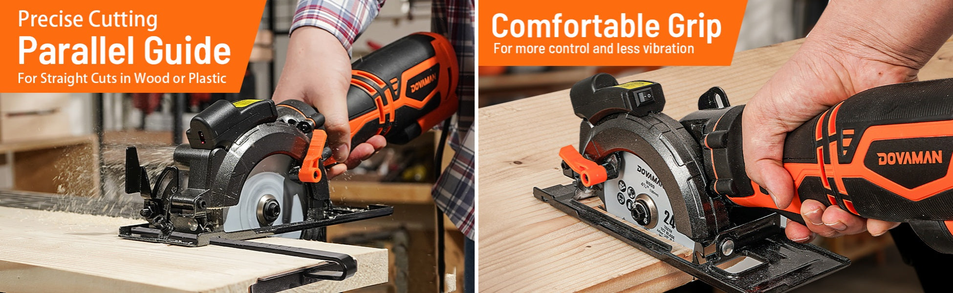 Dovaman circular saw with parallel guide and comfortable grip features, used for cutting wood.