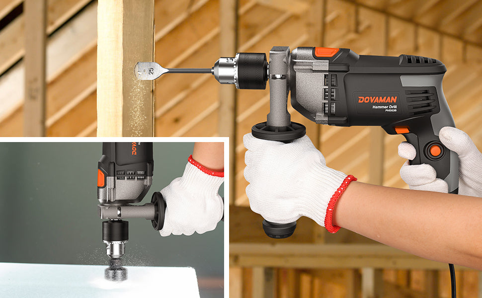 Dovaman drill being used on a wooden surface with close-up shots of the tool.