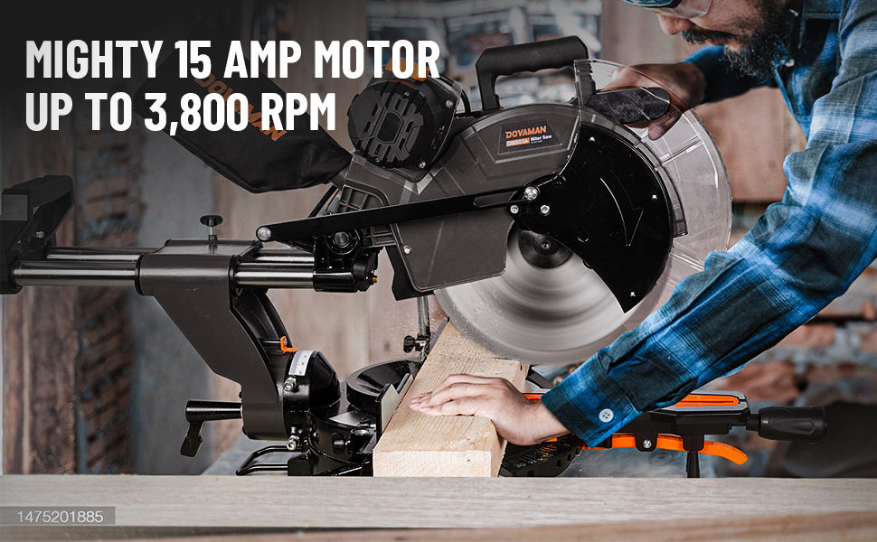 Person using a compound miter saw with text highlighting its features.