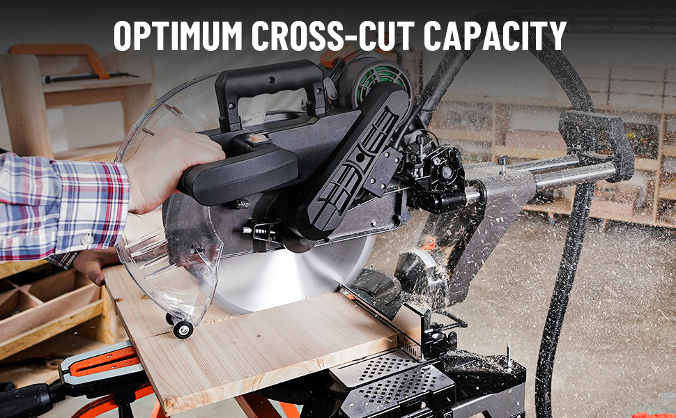 Circular saw in use with a focus on cross-cut capacity, set against a workshop background.