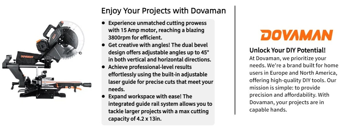 Miter saw with text about Dovaman tools on a white background