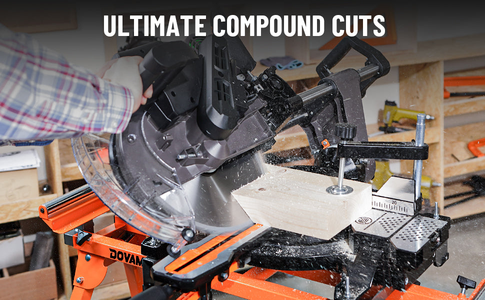 Miter saw in use with a person operating it, set against a workshop background.