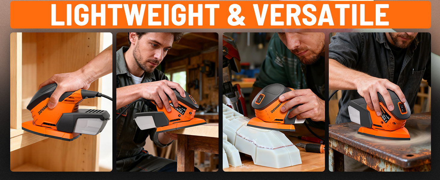 Collage of a person using a power sander with text 'Lightweight & Versatile' at the top.