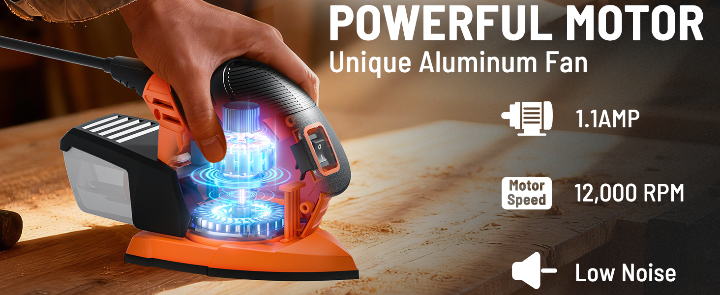 Handheld power tool with glowing blue light on a wooden surface, featuring text about its powerful motor and unique aluminum fan.