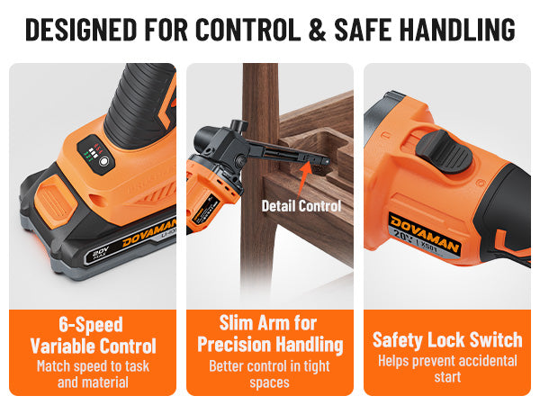 Orange and black power belt sander with features highlighted on a white background