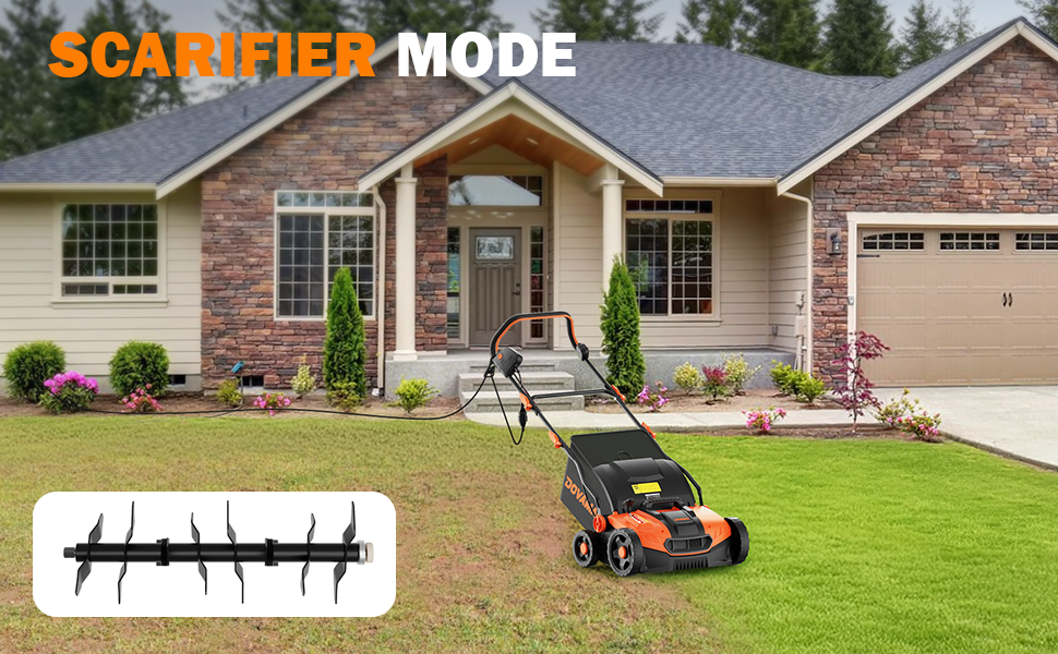 Lawn mower with scarifier attachment in front of a house