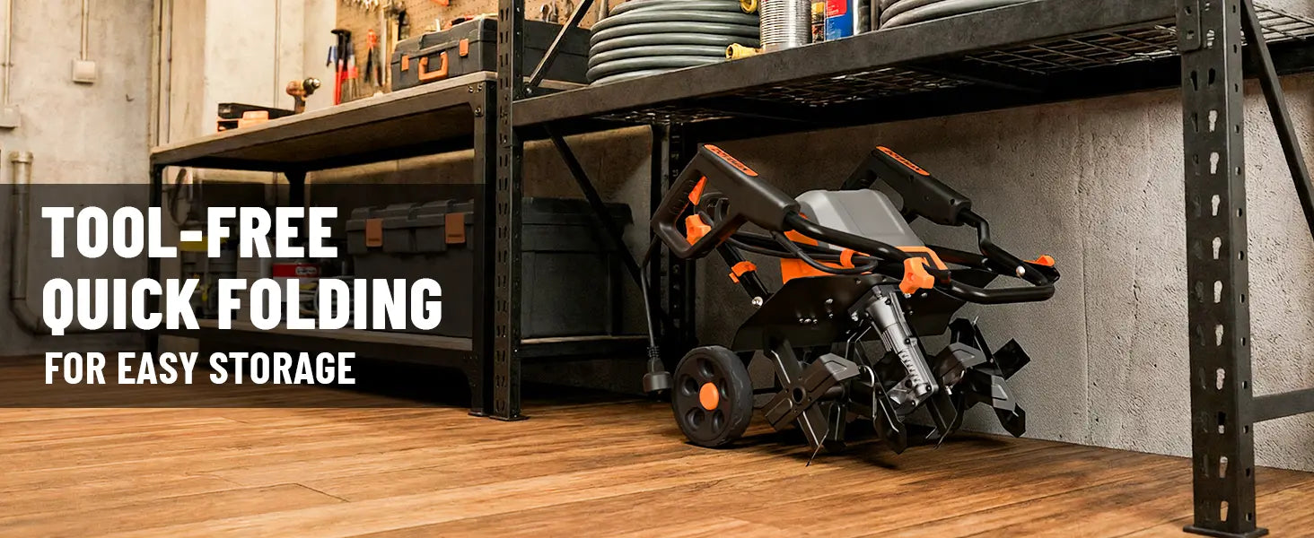 Tool-free quick folding device on a workbench with text overlay