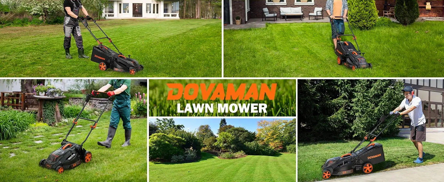 Collage of a person using a Dovaman lawn mower on various grassy areas.