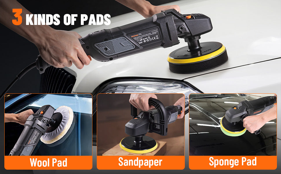 Car polisher with different pads on a car surface, showing wool pad, sandpaper, and sponge pad.