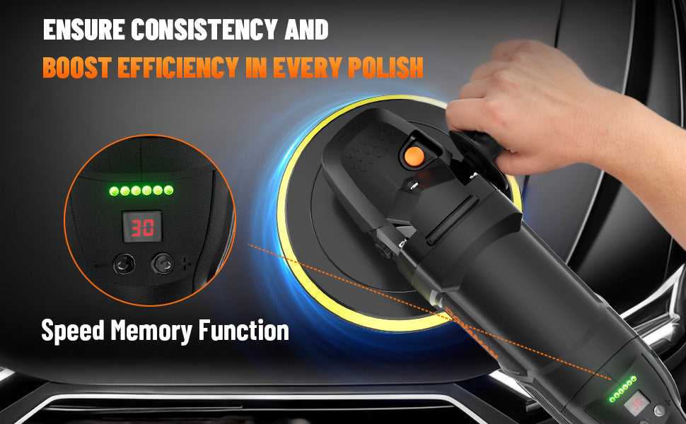 Car polisher with digital display and hand holding it, emphasizing consistency and efficiency in polishing.