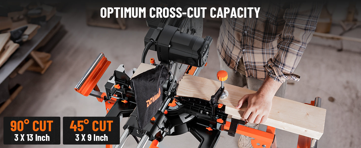 Woodworking machine with a person using it to cut wood, emphasizing cross-cut capacity.