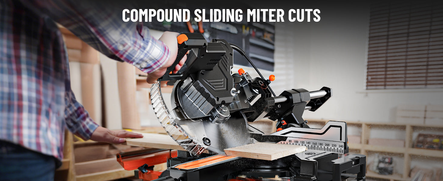 Person using a compound sliding miter saw in a workshop setting with text 'Compound Sliding Miter Cuts'.