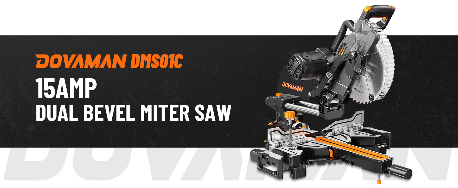 Dovaman dual bevel miter saw with branding and specifications on a black background