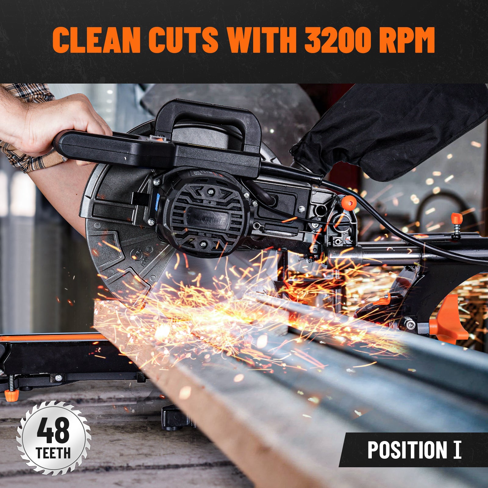 A 10-inch sliding miter saw, operating at 3200 RPM to create clean cuts through a metal workpiece with sparks flying