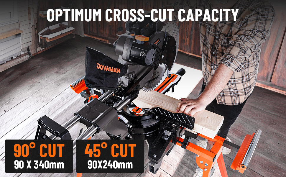 Dovaman table saw with a person using it in a workshop setting, highlighting cross-cut capacity.