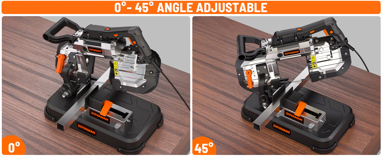Bandsaw with adjustable angle feature on a wooden surface