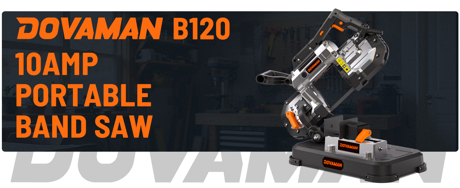 Dovaman B120 portable band saw with branding and product details on a dark background
