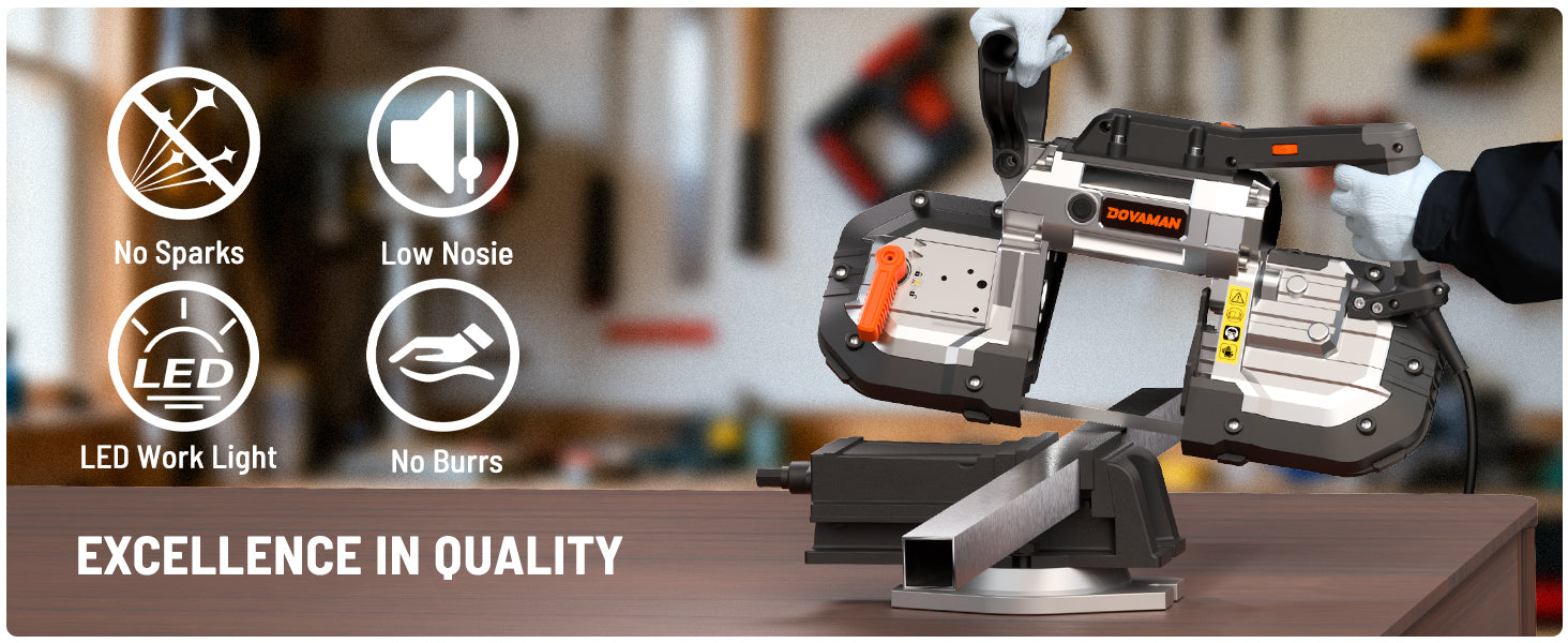 Saw machine with features listed on a blurred workshop background