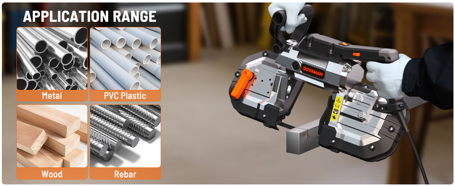 Bandsaw with application range for metal, PVC plastic, wood, and rebar on a blurred background.