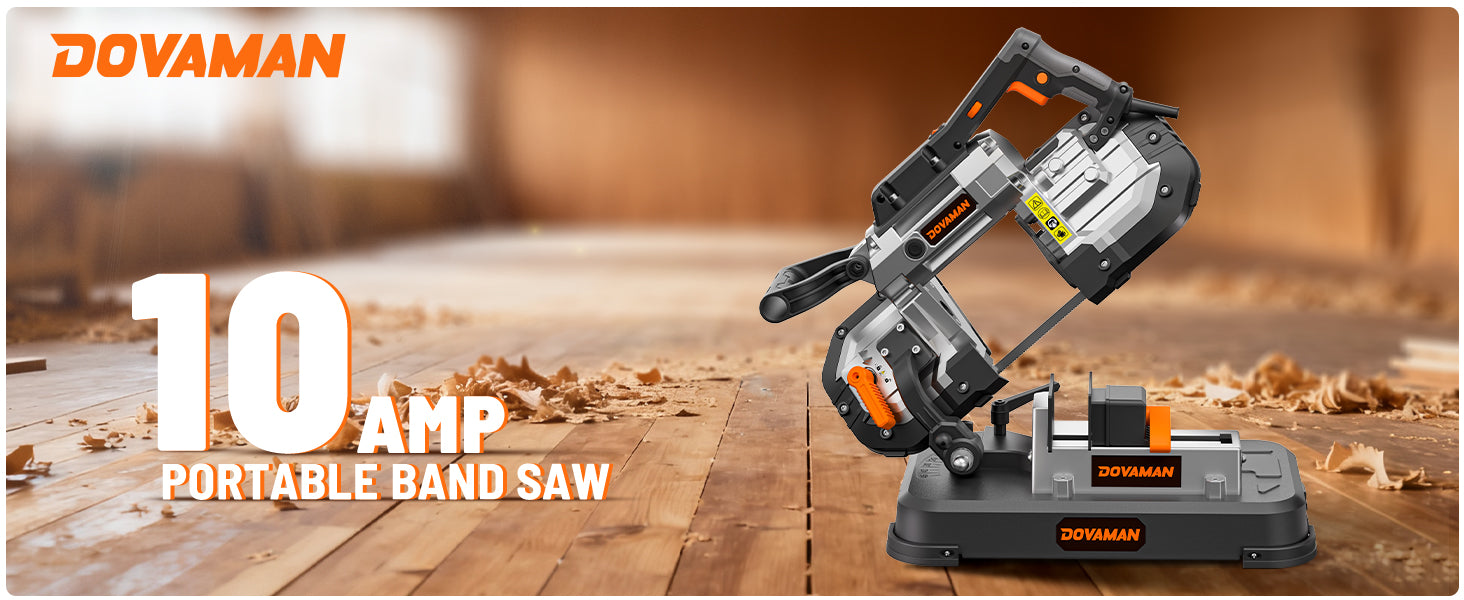 Dovaman portable band saw on a wooden surface with '10 Amp' text
