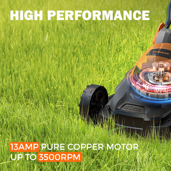 Mower on grass with 'High Performance' text and specifications.