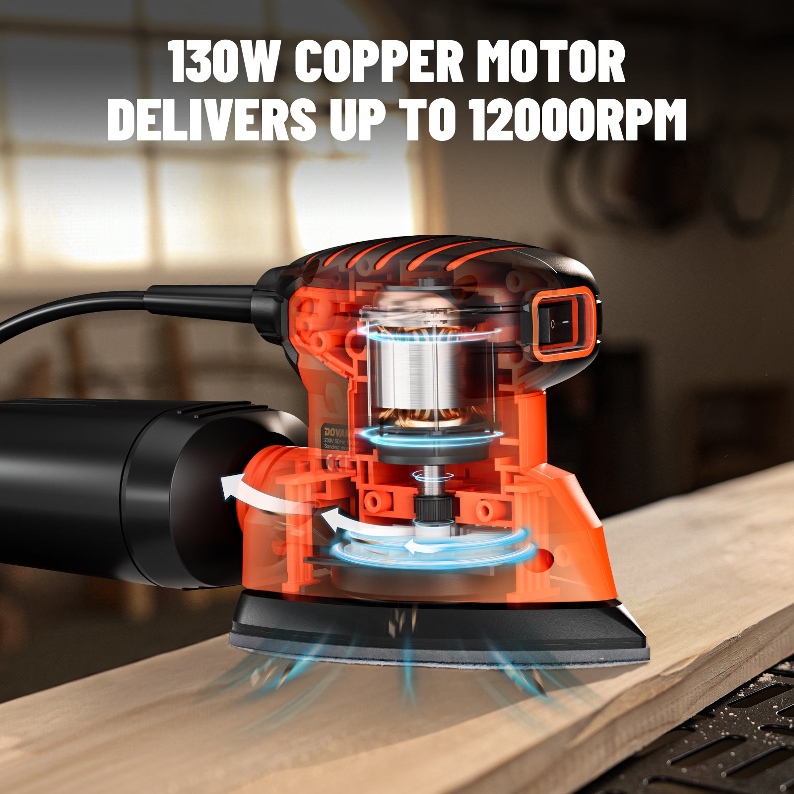 Orange and black sander on a wooden surface with text about its copper motor and RPM.