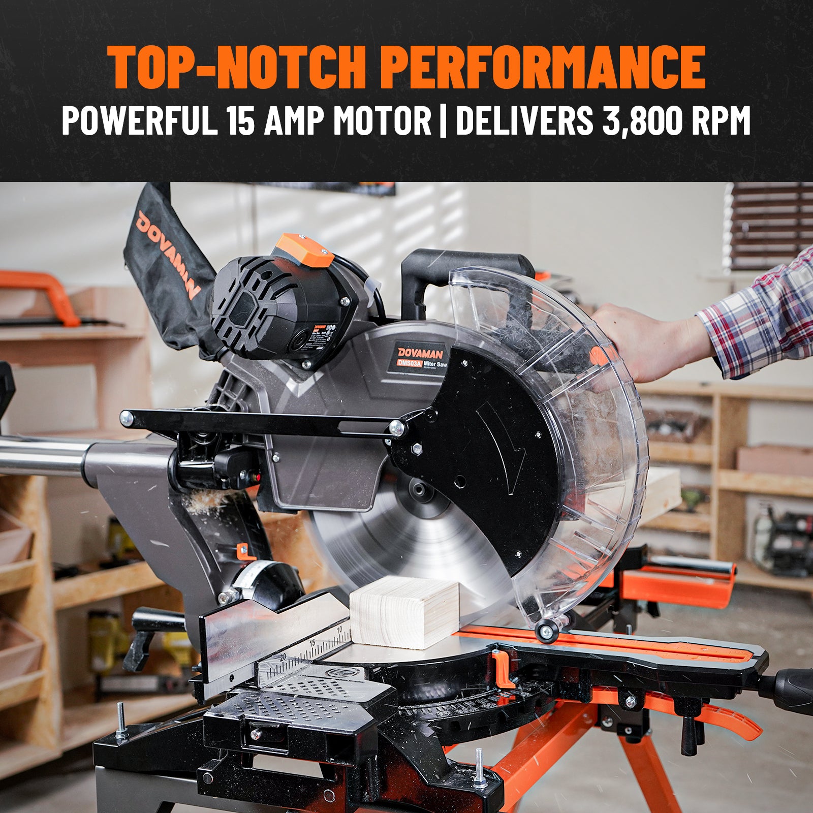 Powerful 15 Amp copper motor delivering 3,800 RPM for heavy-duty timber and plastic cutting