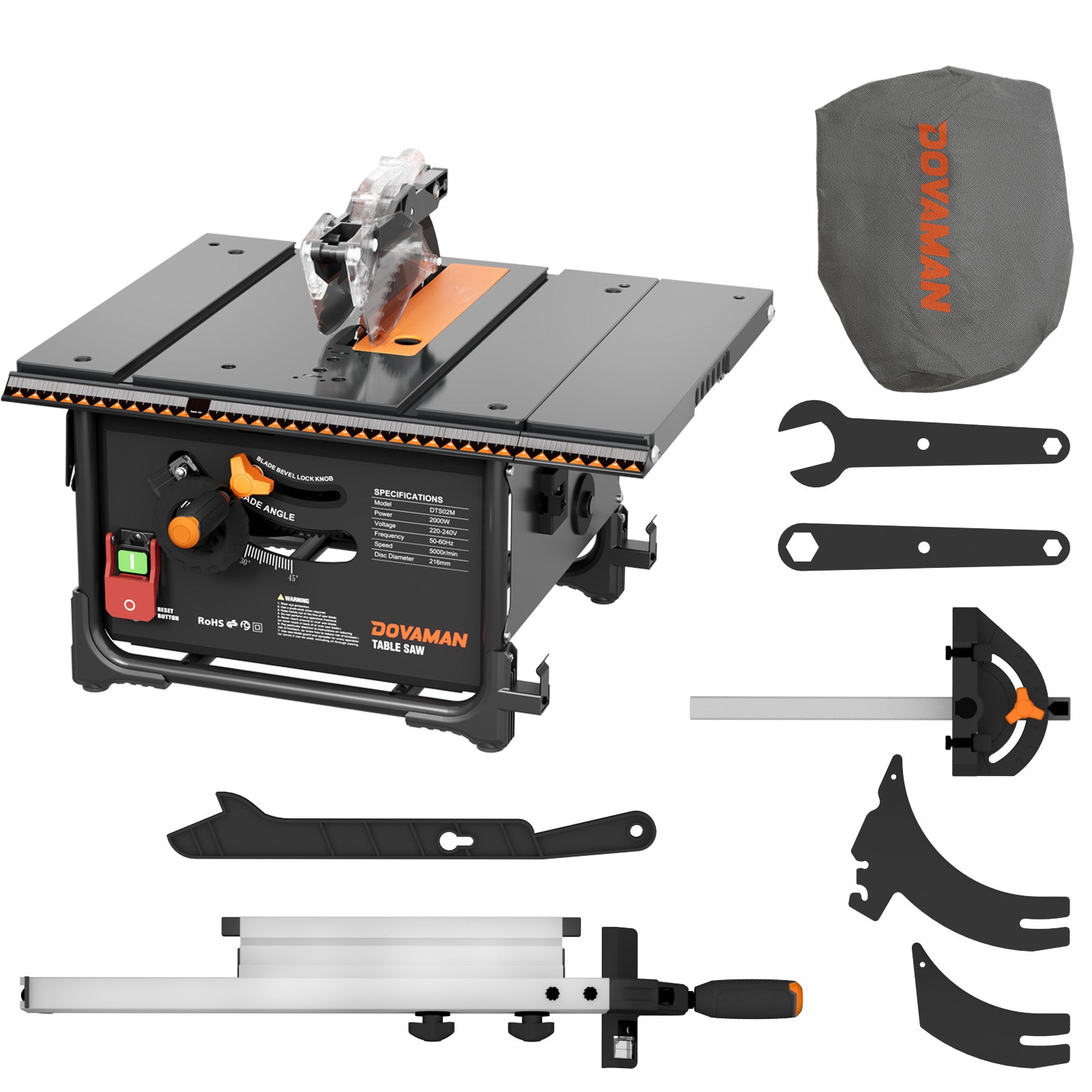 DOVAMAN table saw with accessories on a white background